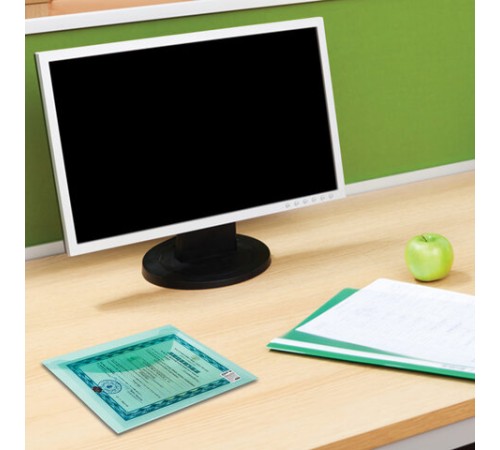 Папка-конверт с кнопкой STAFF, А4, до 100 листов, прозрачная, зеленая, 0,12 мм, 225171