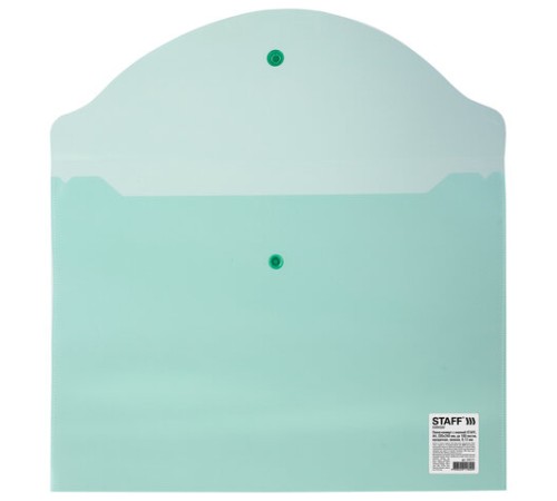Папка-конверт с кнопкой STAFF, А4, до 100 листов, прозрачная, зеленая, 0,12 мм, 225171