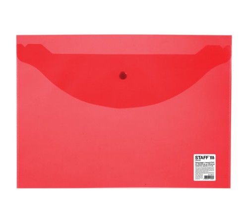 Папка-конверт с кнопкой STAFF, А4, до 100 листов, прозрачная, красная, 0,12 мм, 225172