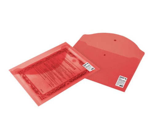 Папка-конверт с кнопкой STAFF, А4, до 100 листов, прозрачная, красная, 0,12 мм, 225172