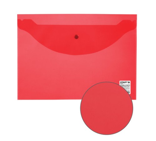 Папка-конверт с кнопкой STAFF, А4, до 100 листов, прозрачная, красная, 0,12 мм, 225172