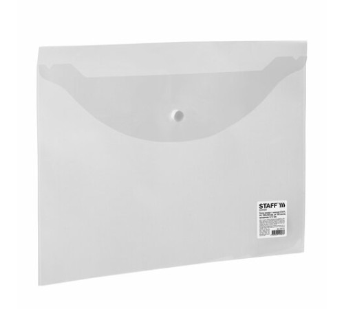 Папка-конверт с кнопкой STAFF, А4, до 100 листов, прозрачная, 0,12 мм, 225173