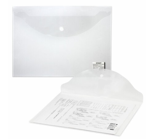Папка-конверт с кнопкой STAFF, А4, до 100 листов, прозрачная, 0,12 мм, 225173