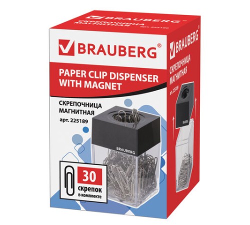 Скрепочница магнитная BRAUBERG с 30 скрепками, прозрачный корпус, 225189