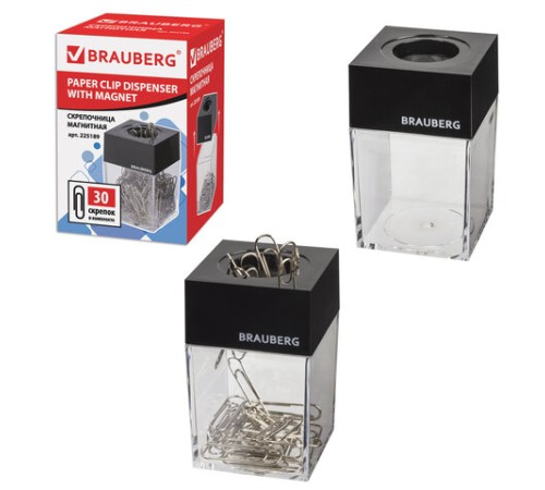 Скрепочница магнитная BRAUBERG с 30 скрепками, прозрачный корпус, 225189