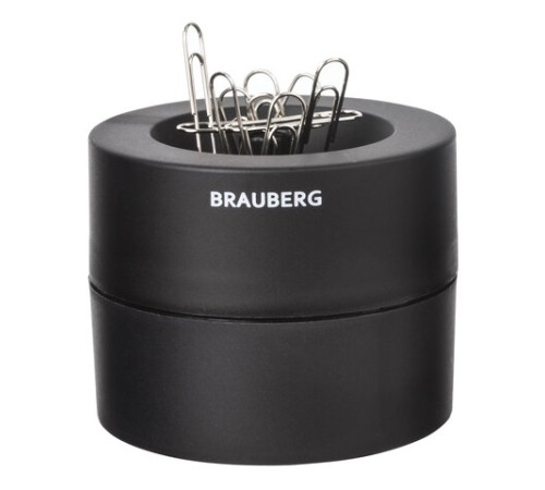 Скрепочница магнитная BRAUBERG с 30 скрепками, большой бочонок, черная, 225191