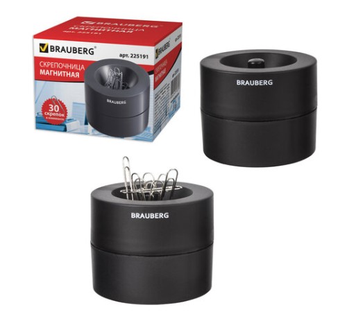 Скрепочница магнитная BRAUBERG с 30 скрепками, большой бочонок, черная, 225191
