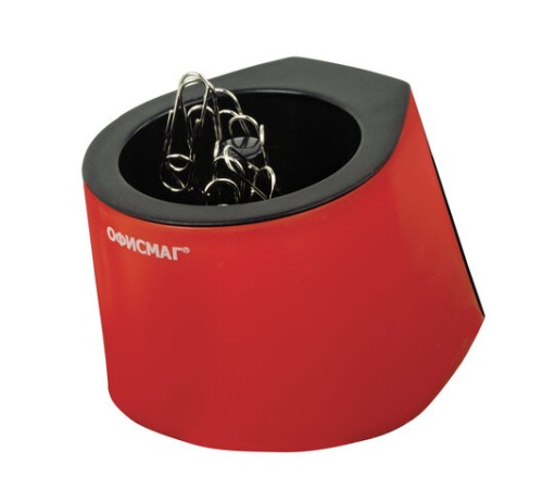 Скрепочница магнитная ОФИСМАГ с 30 скрепками, стильный корпус, красно-черная, 225192