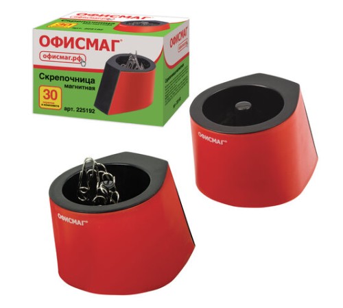 Скрепочница магнитная ОФИСМАГ с 30 скрепками, стильный корпус, красно-черная, 225192