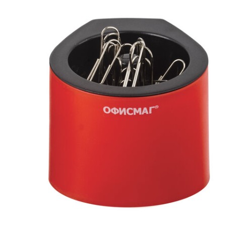 Скрепочница магнитная ОФИСМАГ с 30 скрепками, стильный корпус, красно-черная, 225192