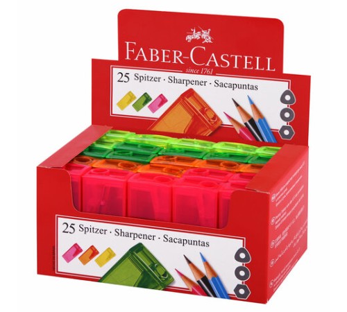 Точилка FABER-CASTELL, с контейнером, прямоугольная, пластиковая, детали флуоресцентные, ассорти, 581525