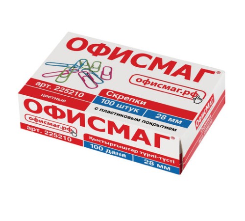 Скрепки ОФИСМАГ, 28 мм, цветные, 100 шт., в картонной коробке, Россия, 225210