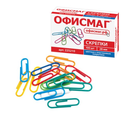 Скрепки ОФИСМАГ, 28 мм, цветные, 100 шт., в картонной коробке, Россия, 225210