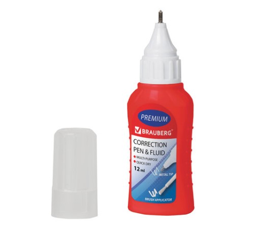 Ручка-корректор + корректирующая жидкость BRAUBERG, 12 мл, 2 в 1: металлический наконечник + кисточка, 225217