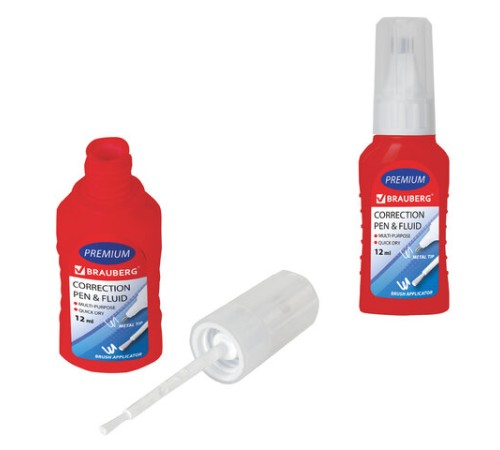 Ручка-корректор + корректирующая жидкость BRAUBERG, 12 мл, 2 в 1: металлический наконечник + кисточка, 225217