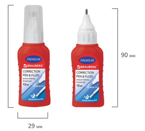 Ручка-корректор + корректирующая жидкость BRAUBERG, 12 мл, 2 в 1: металлический наконечник + кисточка, 225217
