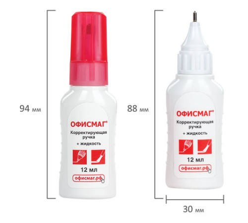 Ручка-корректор + корректирующая жидкость ОФИСМАГ, 12 мл, 2 в 1: металлический наконечник + кисточка, 225218