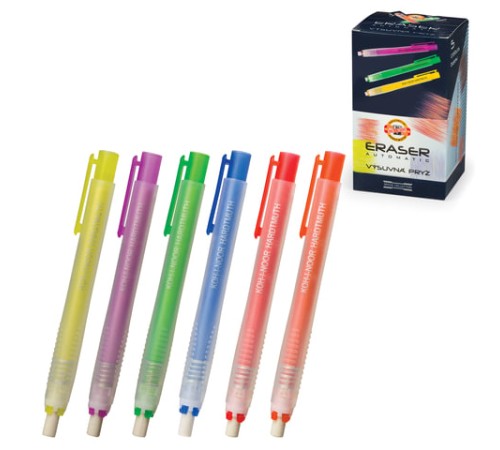 Ластик выдвижной KOH-I-NOOR, 132х15х15 мм, белый, пластиковый держатель ассорти, натуральный каучук, 9736000002PS