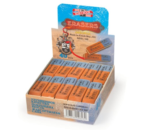 Ластик KOH-I-NOOR 6521/40, 57x19,5x8 мм, красно-синий, прямоугольный, скошенные края, натуральный каучук, 6521040021KDRU