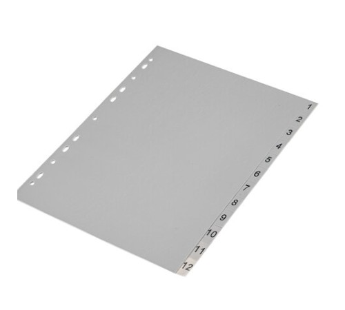 Разделитель пластиковый BRAUBERG, А4, 12 листов, цифровой 1-12, оглавление, серый, РОССИЯ, 225596