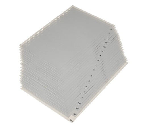 Разделитель пластиковый BRAUBERG, А4, 20 листов, алфавитный А-Я, оглавление, серый, РОССИЯ, 225601