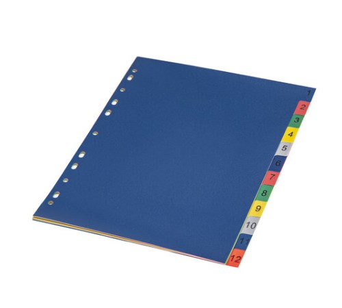 Разделитель пластиковый BRAUBERG, А4, 12 листов, цифровой 1-12, оглавление, цветной, РОССИЯ, 225610