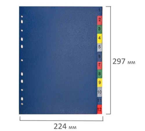 Разделитель пластиковый BRAUBERG, А4, 12 листов, цифровой 1-12, оглавление, цветной, РОССИЯ, 225610