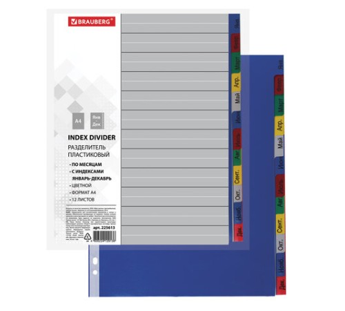 Разделитель пластиковый BRAUBERG, А4, 12 листов, Январь-Декабрь, оглавление, цветной, РОССИЯ, 225613
