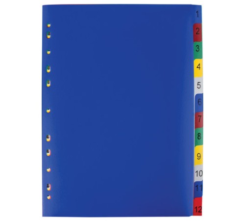 Разделитель пластиковый ОФИСМАГ, А4, 12 листов, цифровой 1-12, оглавление, цветной, РОССИЯ, 225617