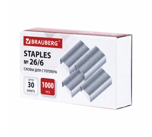 Скобы BRAUBERG № 26/6 (для степлеров 24/6), 1000 штук, экономичные, до 30 листов, 225973