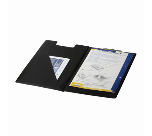 Папка-планшет ОФИСМАГ, А4 (340х240 мм), с прижимом и крышкой, картон/ПВХ, РОССИЯ, черная, 225982