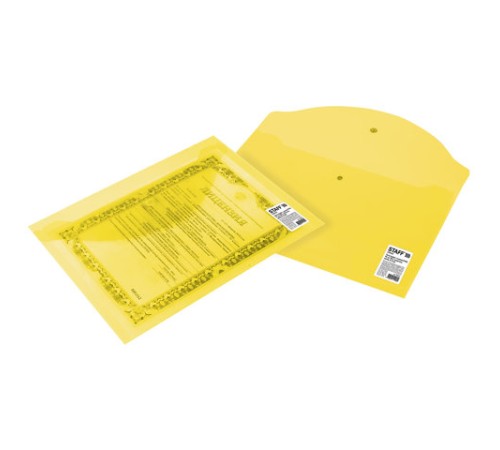 Папка-конверт с кнопкой STAFF, А4, до 100 листов, прозрачная, желтая, 0,12 мм, 226031