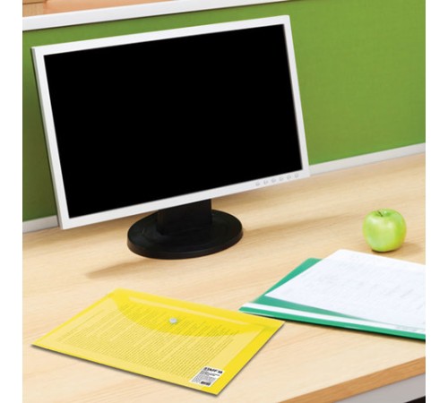 Папка-конверт с кнопкой STAFF, А4, до 100 листов, прозрачная, желтая, 0,12 мм, 226031