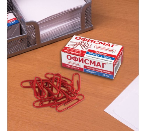 Скрепки ОФИСМАГ, 25 мм, красные, 100 шт., в картонной коробке, 226245