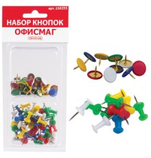 Набор ОФИСМАГ, силовые кнопки-гвоздики ассорти 50 шт., кнопки канцелярские цветные 50 шт., блистер, 226253