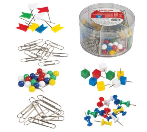 Набор ОФИСМАГ, скрепки 28 мм/60 шт., 50 мм/30 шт, гвоздики 50 шт., шарики, кубики, флажки по 20 шт., цилиндр, 226256