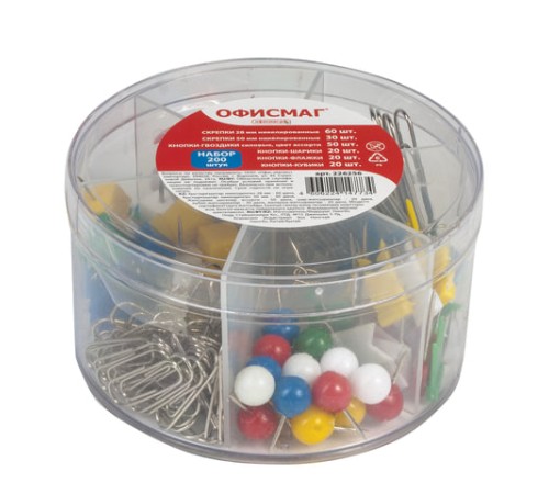 Набор ОФИСМАГ, скрепки 28 мм/60 шт., 50 мм/30 шт, гвоздики 50 шт., шарики, кубики, флажки по 20 шт., цилиндр, 226256