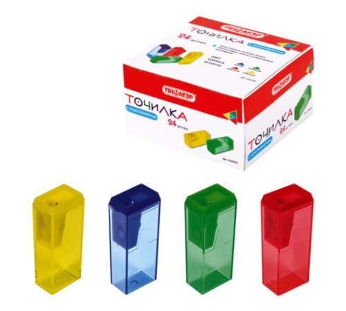 Точилка ПИФАГОР, с контейнером, прямоугольная, пластиковая, тонированный корпус, ассорти, 226530