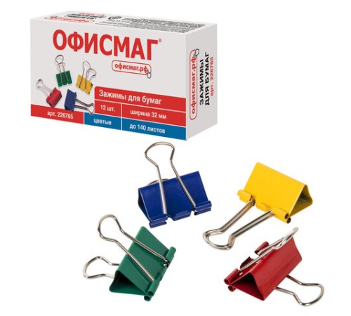 Зажимы для бумаг ОФИСМАГ, КОМПЛЕКТ 12 шт., 32 мм, на 140 листов, цветные, картонная коробка, 226765