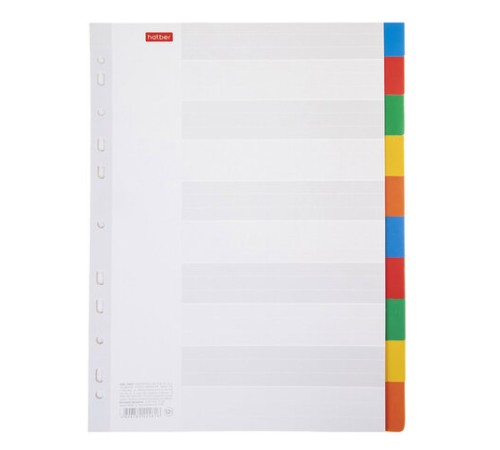 Разделители листов А4 (10 листов 297х225 мм) картонные, 10 цветов, HATBER, 4AR_11004, М224816