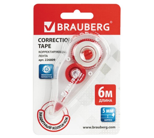 Корректирующая лента BRAUBERG, 5 мм х 6 м, корпус красный, механизм перемотки, блистер, 226809