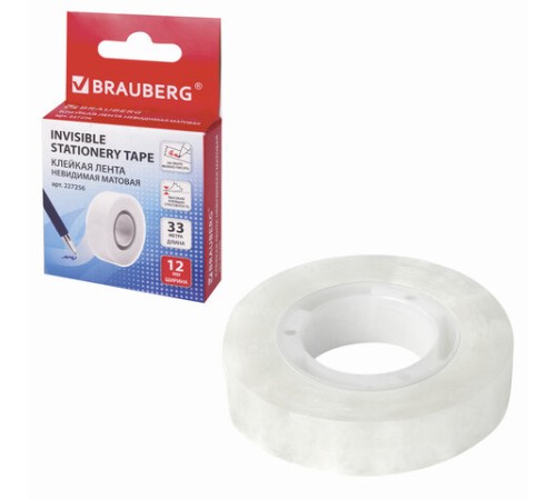 Клейкая лента невидимая, матовая, 12 мм х 33 м, BRAUBERG, 227256