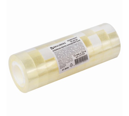 Клейкие ленты 15 мм х 33 м канцелярские BRAUBERG, комплект 10 шт., прозрачные, гарантированная длина, 227259