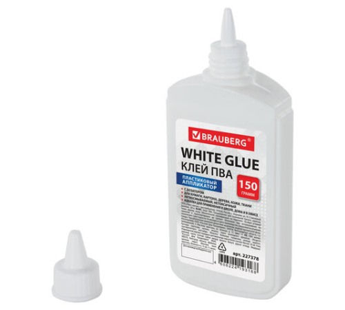 Клей ПВА BRAUBERG (бумага, картон, дерево), 150 г, 227378