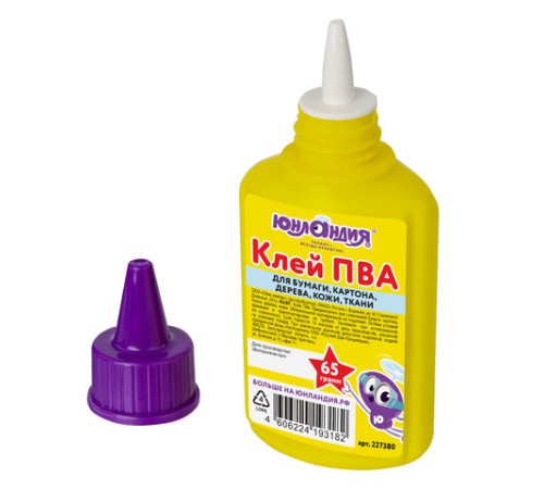 Клей ПВА ЮНЛАНДИЯ (бумага, картон, дерево), 65 г, 227380