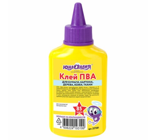 Клей ПВА ЮНЛАНДИЯ (бумага, картон, дерево), 85 г, 227381