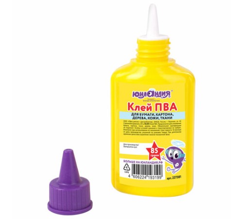 Клей ПВА ЮНЛАНДИЯ (бумага, картон, дерево), 85 г, 227381