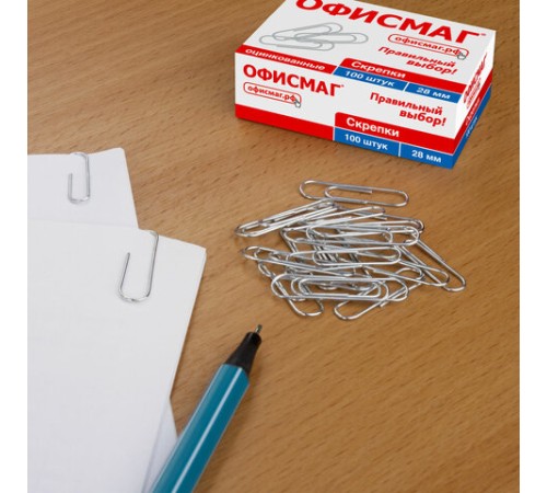 Скрепки ОФИСМАГ, 28 мм, оцинкованные, 100 шт., в картонной коробке, 227582