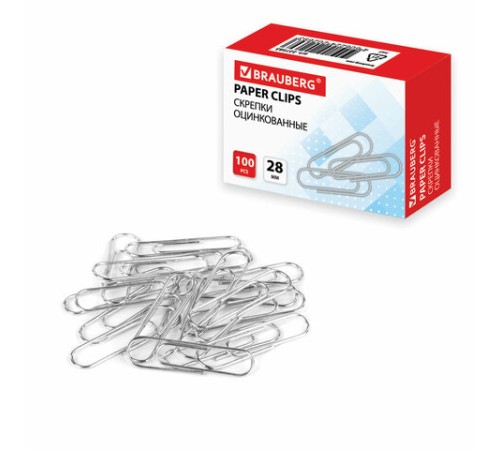 Скрепки BRAUBERG, 28 мм, оцинкованные, 100 шт., в картонной коробке, 227583