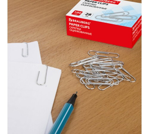 Скрепки BRAUBERG, 28 мм, оцинкованные, 100 шт., в картонной коробке, 227583